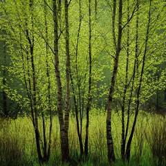 a group of green birch saplings with slender trunks and fresh leaves in a forest clearing
