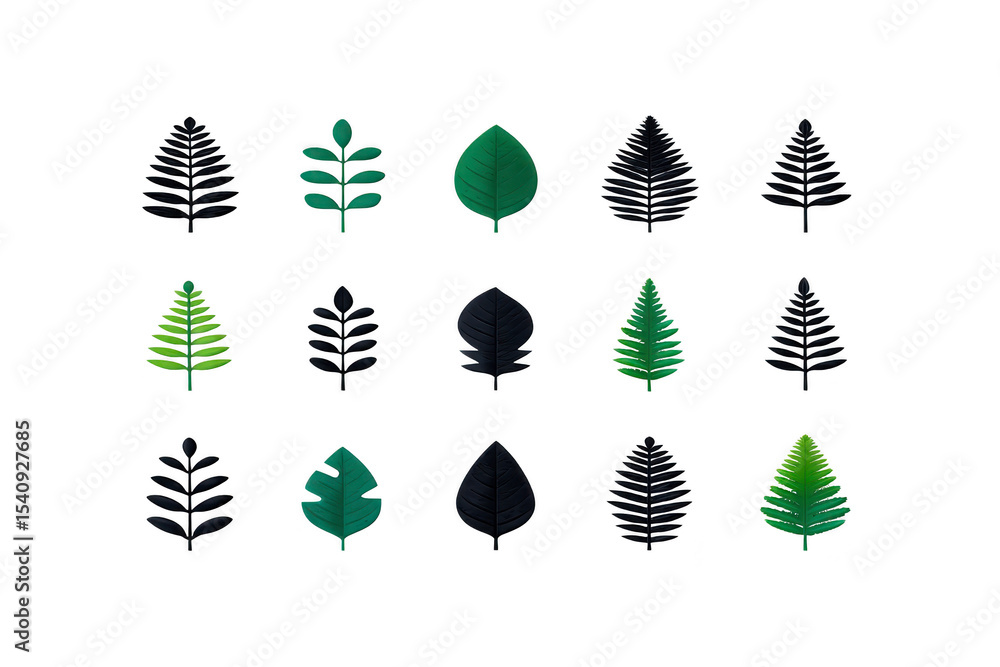 Aufkleber collection of various green leaves different shapes and sizes, arranged grid pattern transparency ba