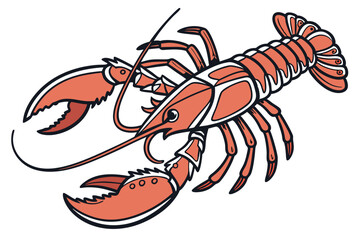 A bold cartoon lobster with sharp claws and a distinctive tail sits poised