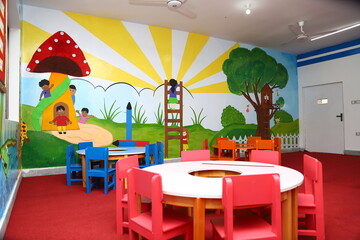Colorful modern Kindergarten Classroom Interior with Educational Decor and Furniture for Kids in school