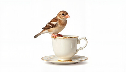 Bird sitting on a teacup
