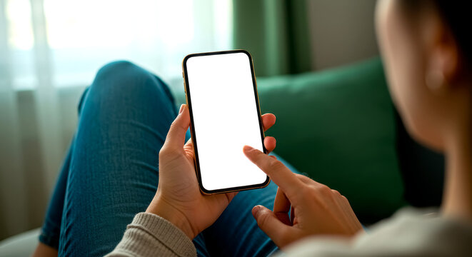 Woman in her 20s scrolling on a smartphone indoors, displaying a blank white screen.