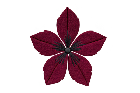Digitally illustrated maroon flower with five petals and dark center, showcasing symmetrical design on transparent background. flower texture appears fabric like, adding depth and interest