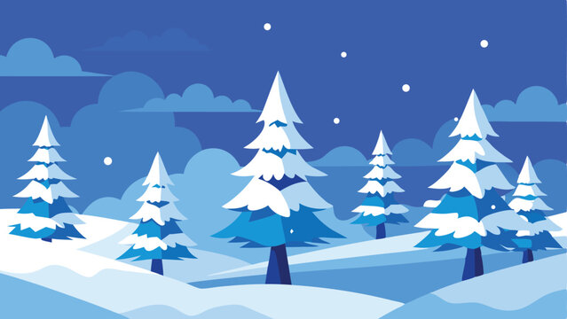 Winter wonderland scene depicting snow covered pine trees and snowy landscape