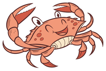 Fototapeta premium Happy cartoon crab cheerfully waves its claw as it crawls sideways on a white backdrop
