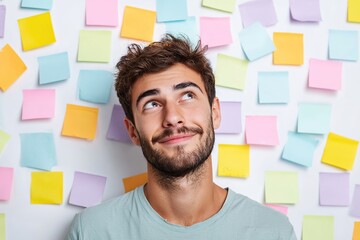 Young man smiling and looking up against a colorful wall of sticky notes