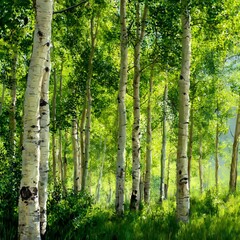 a grove of aspen trees with white bark and bright green leaves shimmering in the breeze