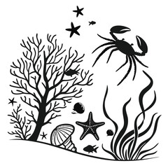 Silhouette crab with starfish, seashells, algae, and coral displays undersea life in black
