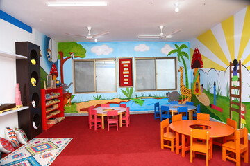 Colorful modern Kindergarten Classroom Interior with Educational Decor and Furniture for Kids in school