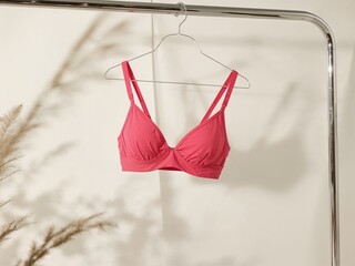 Pink bra on hanger with shadows.