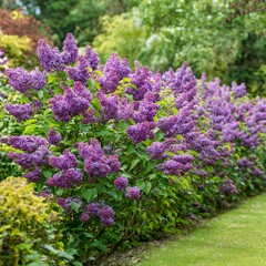 Obraz premium a group of green lilac bushes in bloom with fragrant purple flowers in a garden border