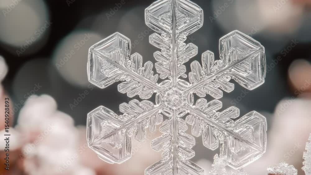 Poster a detailed view of a single snowflake sitting on a table.