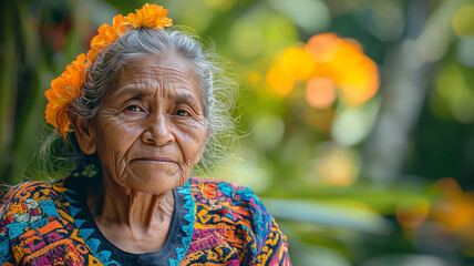 Jungle Elder in Vibrant Headscarf. Concept of enduring cultural wisdom
