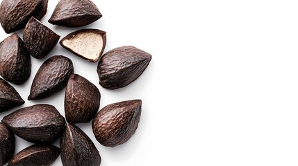 Bunch of Brown Dry Fruit Seeds Isolated on White Background, Half Seed Open