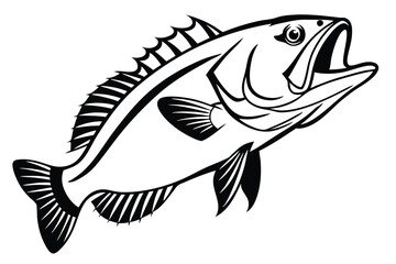 Detailed black and white largemouth bass illustration with open mouth shows angling design
