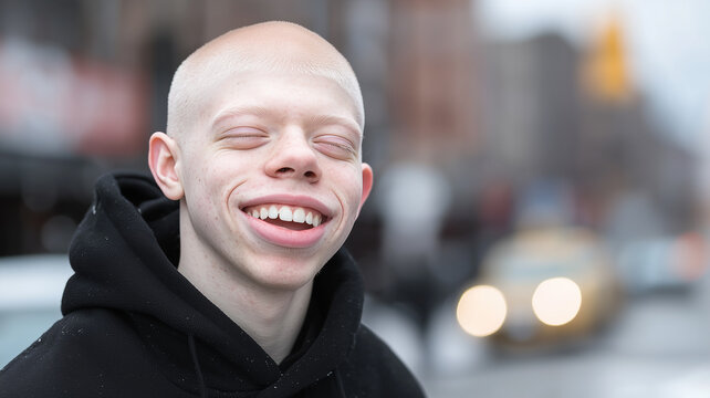 City Street Smile in Soft Bokeh. Concept of approachable urban charisma
