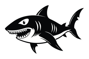 Obraz premium Cartoonish black shark with large teeth showcases its menacing face while swimming forward