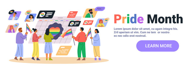 Pride month celebration diverse people rainbow flags calendar event community support colorful backgrounds social media elements landing page