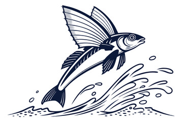 Elegant flying fish leaps out of the splashing water, presented with a minimalist monochrome style