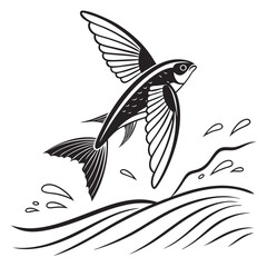 Monochrome fish with winglike fins leaps energetically out of rippling water and splashing droplets