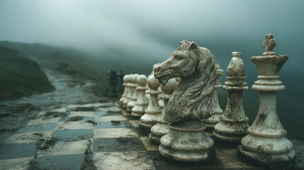 Surreal giant chessboard in foggy landscape, human sized pieces, chess pieces knight, queen, pawn, rook