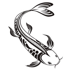 Elegant koi fish curves gracefully with intricate monochrome patterns against a clean backdrop