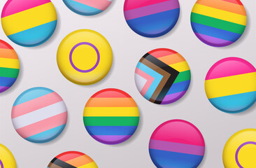 LGBTQ pride buttons collection colorful flags diverse community symbols glossy round badges seamless pattern light background