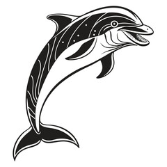 A jumping dolphin with an open mouth is detailed in a monochrome line drawing