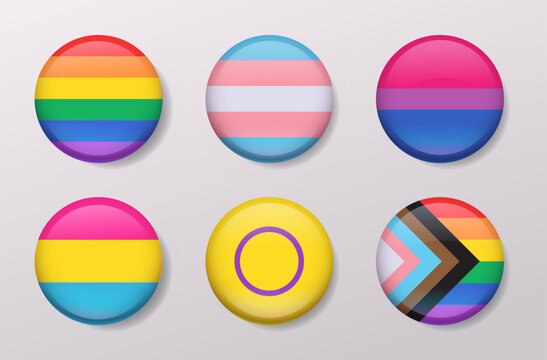 LGBTQ pride flag badges collection colorful round icons glossy buttons on light background diversity celebration set web graphic