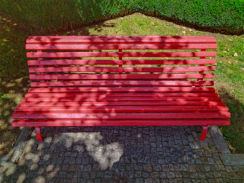 Red wooden bench in sunlit park - Powered by Adobe