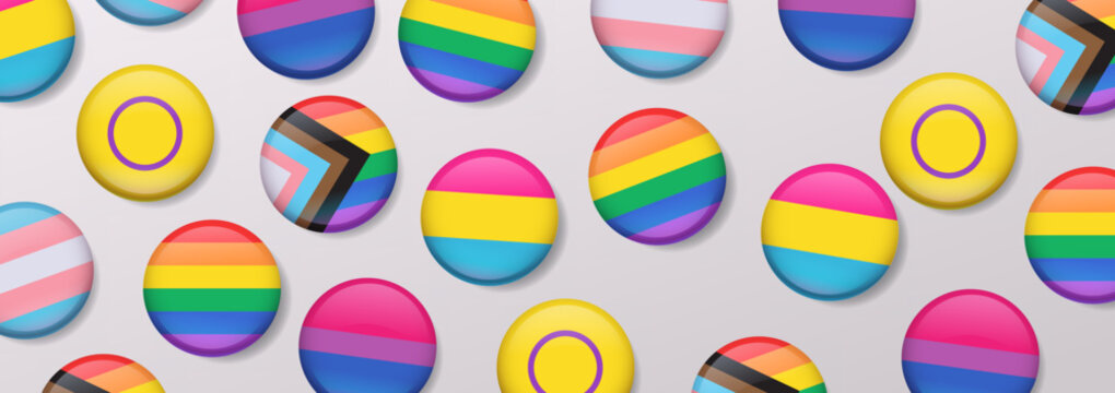 Pride month celebration colorful LGBTQIA+ badges diverse rainbow flags glossy round buttons seamless pattern light background banner