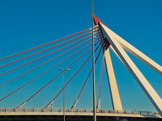 Cable-stayed bridge with red suspension cables