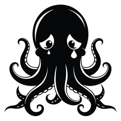 An adorable black octopus sheds tears with its eight arms curled sadly downward