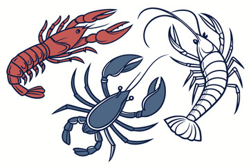 A red lobster, a blue crab, and a shrimp are displayed on a white backdrop