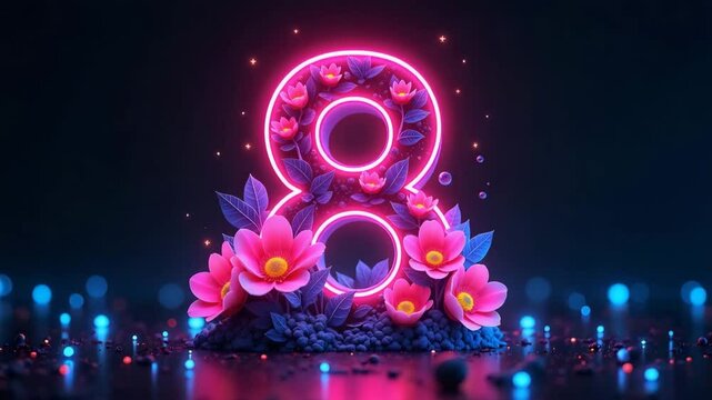 Neon eight number with pink flowers for womens day celebration. Eight figure decorated with blossoms symbolizes international womens day.