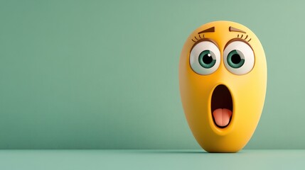 Funny 3d yellow emoticon with open mouth and big eyes expresses surprise on light green background