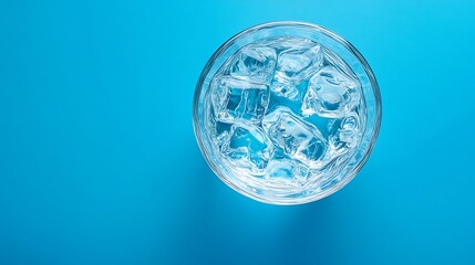 Clear Glass Full of Ice Cubes Top View on Aqua Blue Background Cold Refreshment