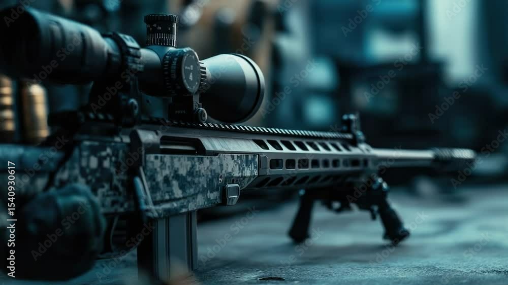 Poster a close-up view of a rifle lying on a table, suitable for use in various scenarios such as military 