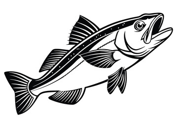 Black and white line art shows a Walleye fish swimming upward with open mouth