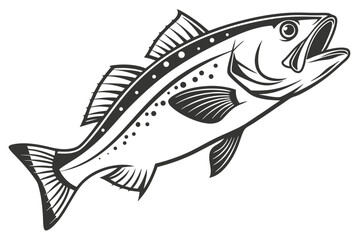 Detailed black line drawing of a spotted fish with its mouth open wide