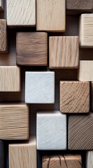 Closeup of Stacked Textured Wooden Cubes with Light and Dark Grains Pattern