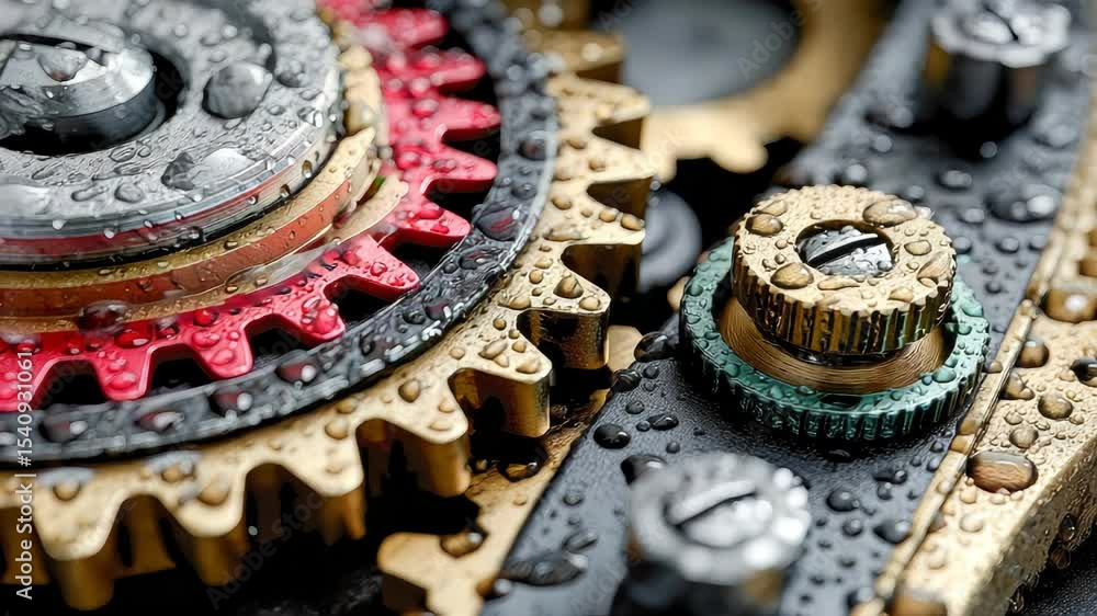 Poster detailed macro view of complex metallic watch gears and cogs, showcasing the textures of brass and s