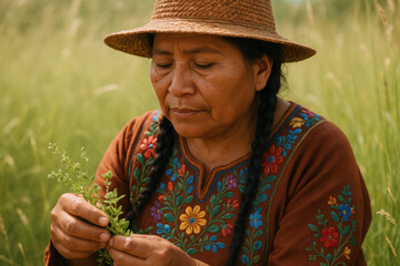 Elderly woman in embroidered dress examining plants in field. Indigenous Peoples