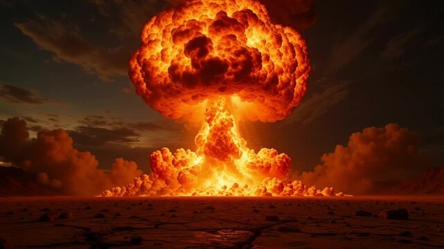 Hyper-realistic nuclear explosion in desert with massive mushroom cloud, fiery colors, shockwave impact, dust debris, heat distortion and dramatic cinematic 4K slow motion visuals