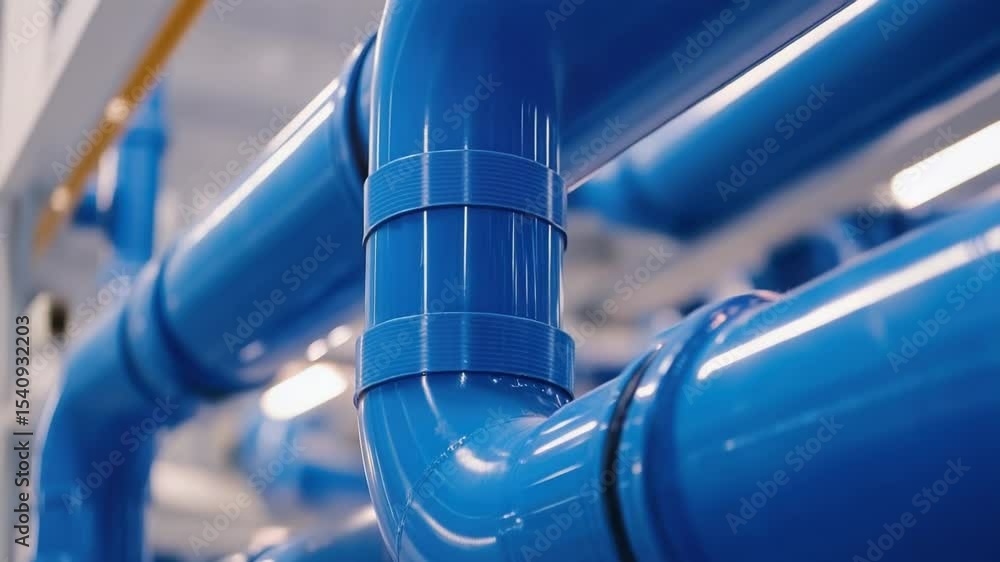 Poster a close-up shot of a blue pipe in a building, useful for architecture and infrastructure related con