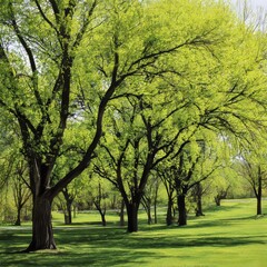 Obraz premium a grove of green hackberry trees with bright spring foliage in a suburban park
