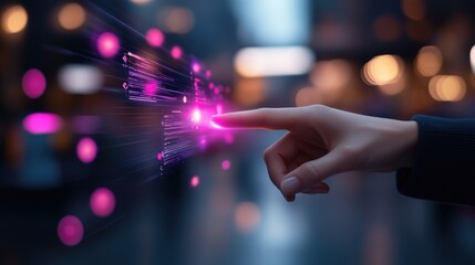 A hand touches a glowing digital interface in a blurred urban setting. A woman's hand interacts with a dynamic display, filled with abstract data streams, in a city at night