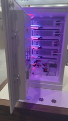 Lighted switchboard with control modules on a wooden base