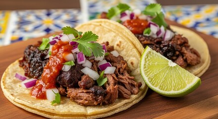 Close-up of freshly made beef tacos topped with red salsa, onions, cilantro, and served with a lime wedge on a wooden board in a festive setting.