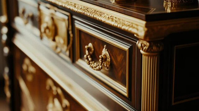 A close-up shot of a dresser with drawers and knobs, situated in a room.